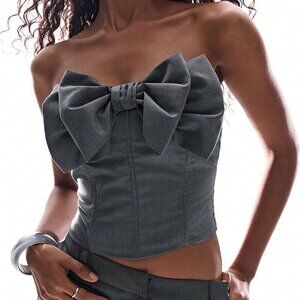 Grey Casual Women's Corset Bustier Top  Fishbone Bow And Padded Cups